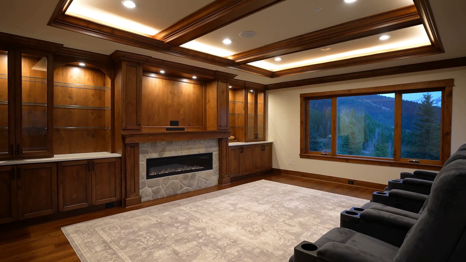 Animated illustration of a basement media room, cove lighting sweeping on around the tray ceiling. AI generated illustration, not a photograph of our work.